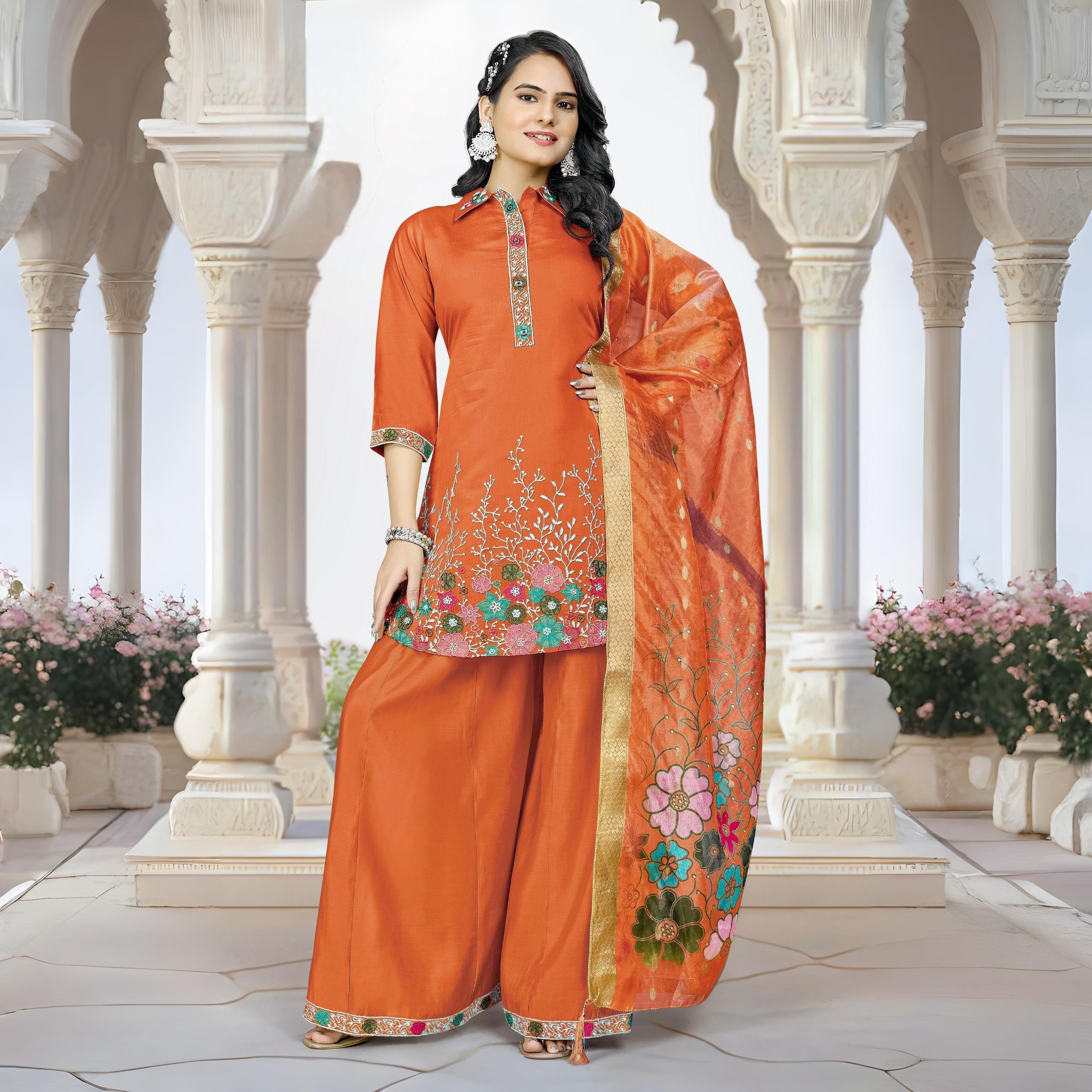 Elegant Orange Embroidered 3 Piece suit Set with Palazzo and Dupatta