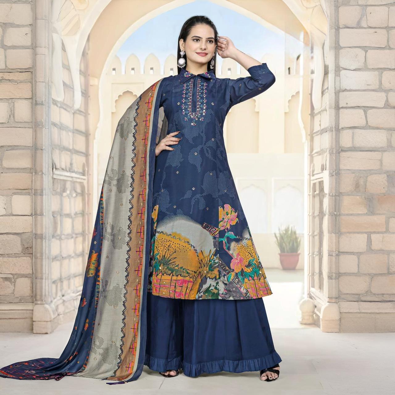 Elegant Navy Blue 3 Piece Suit With Pallazo and Dupatta