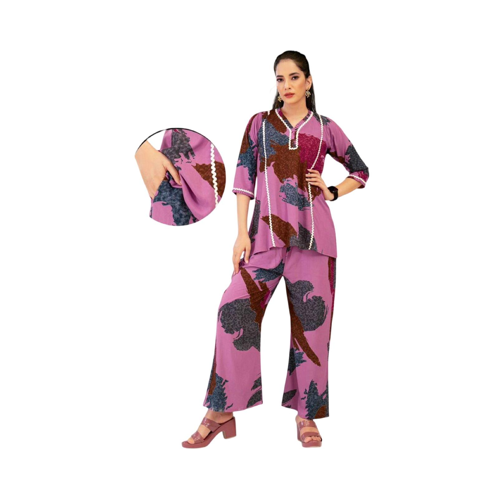 Pink Multicolor Abstract Print Heavy Rayon Co-Ord Set for Women