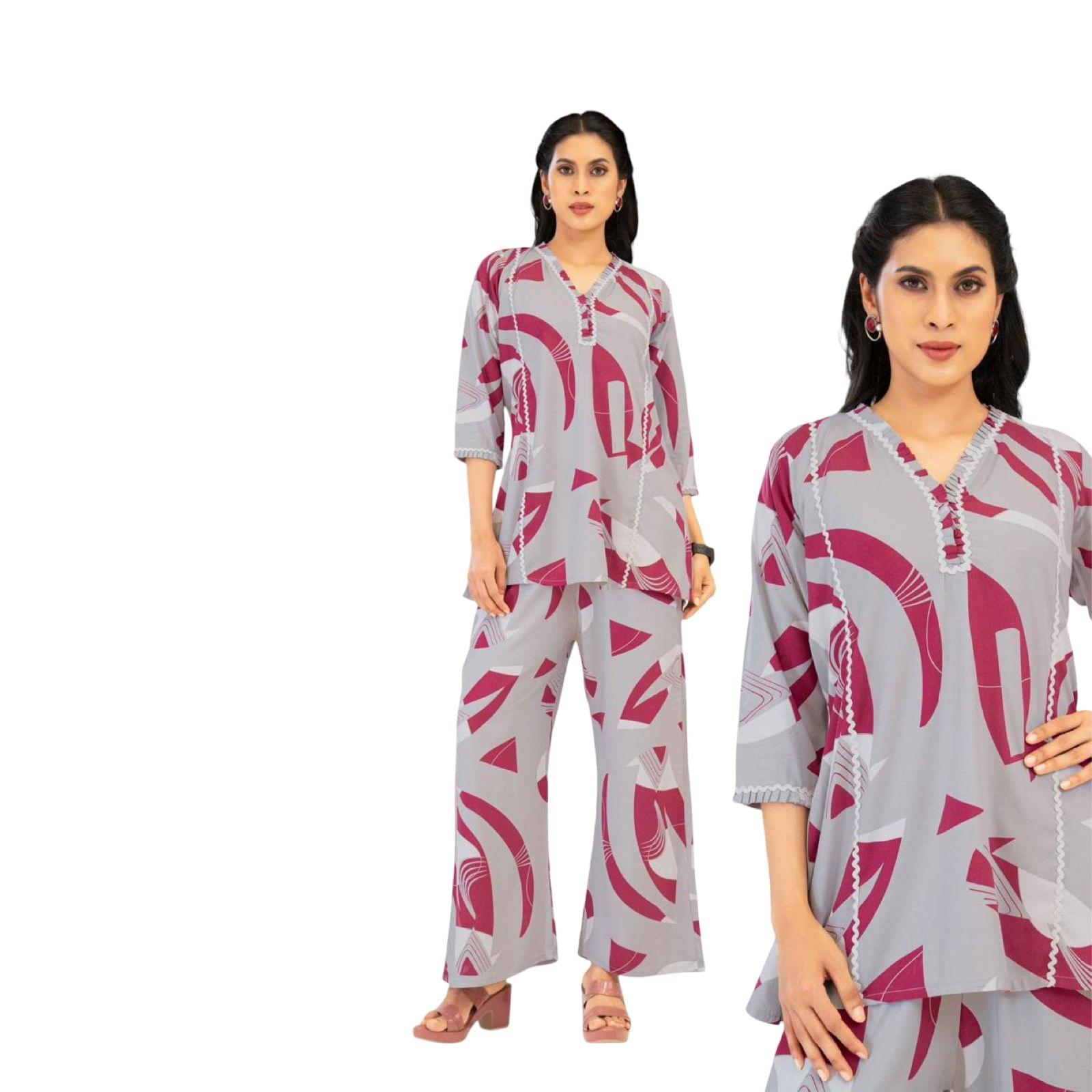 Grey & Maroon Abstract Print Heavy Rayon Co-Ord Set for Women
