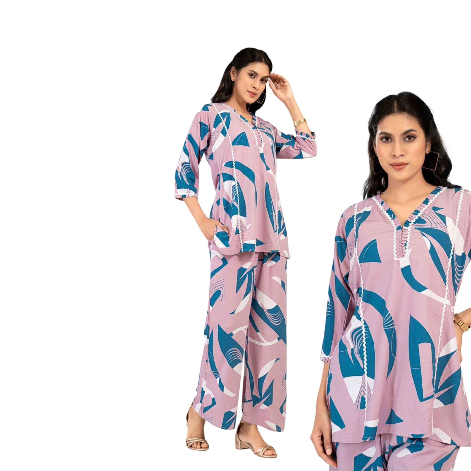 Dusty Lavender & Teal Blue Geometric Print Heavy Rayon Co-Ord Set for Women