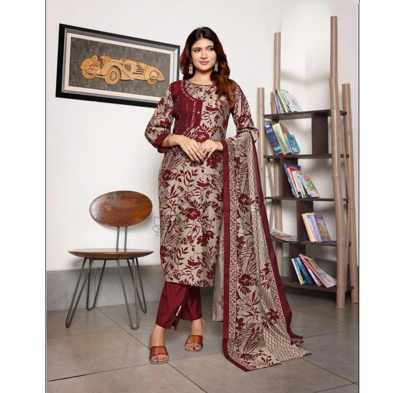 Elegant Maroon & Beige Pure Vartican Print Women’s Suit Set