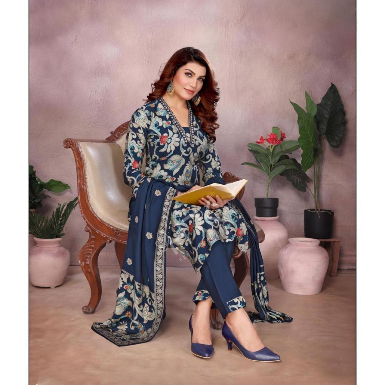 Elegant Navy Blue Vatican Print Women’s Suit Set