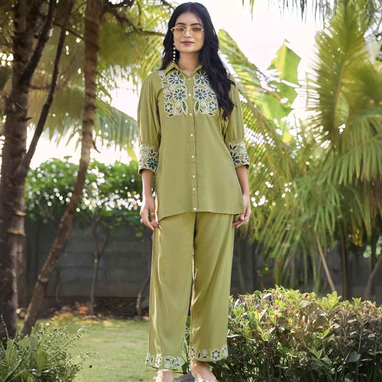 Women’s Olive Green Embroidered Co-ord Set