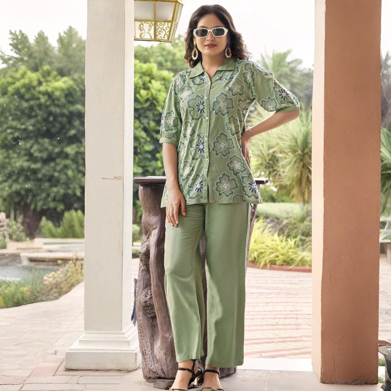 Women’s Light Green Floral Embroidered Co-ord Set in Heavy Rayon Cotton Fabric