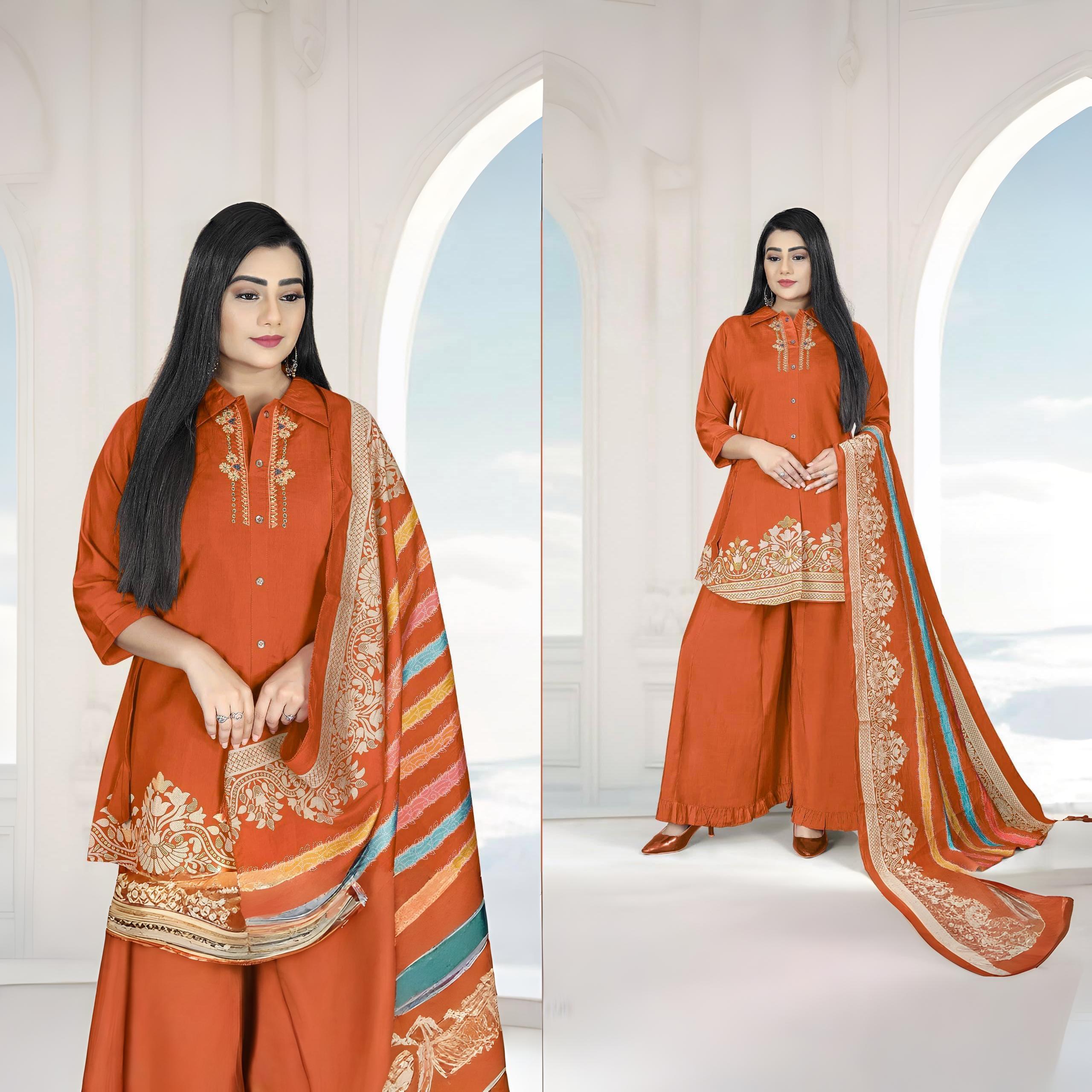 🧡 Women’s Rust Orange 3 Piece Suit Set with Palazzo & Dupatta