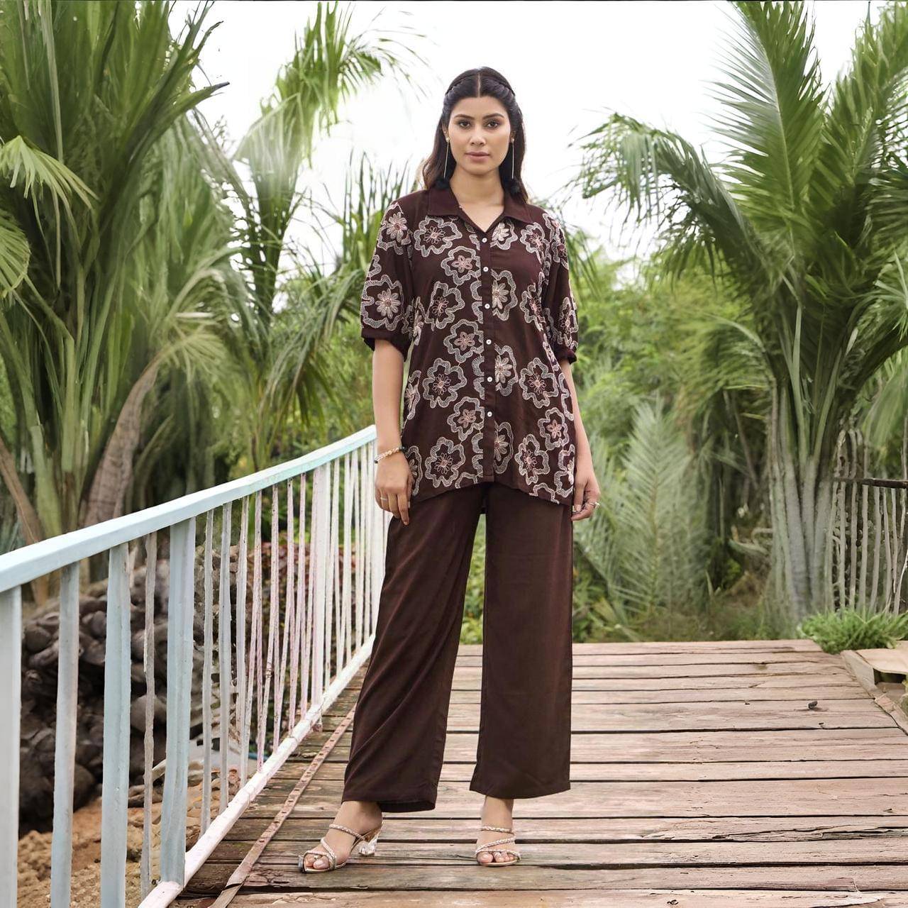 Rich Chocolate Brown Floral Co-ord Set